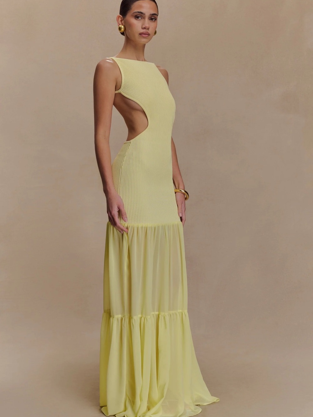 Haille Knit Chiffon Maxi Dress in Lemon - Picture 4 of 7